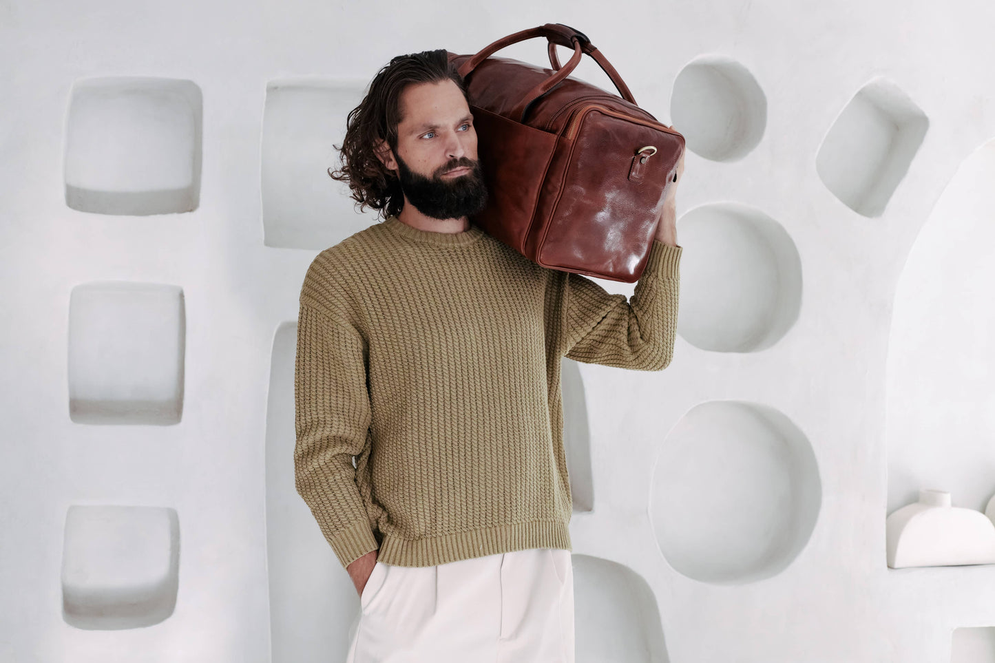 Large Brown Italian Leather Duffel Bag - The Hitchhikers